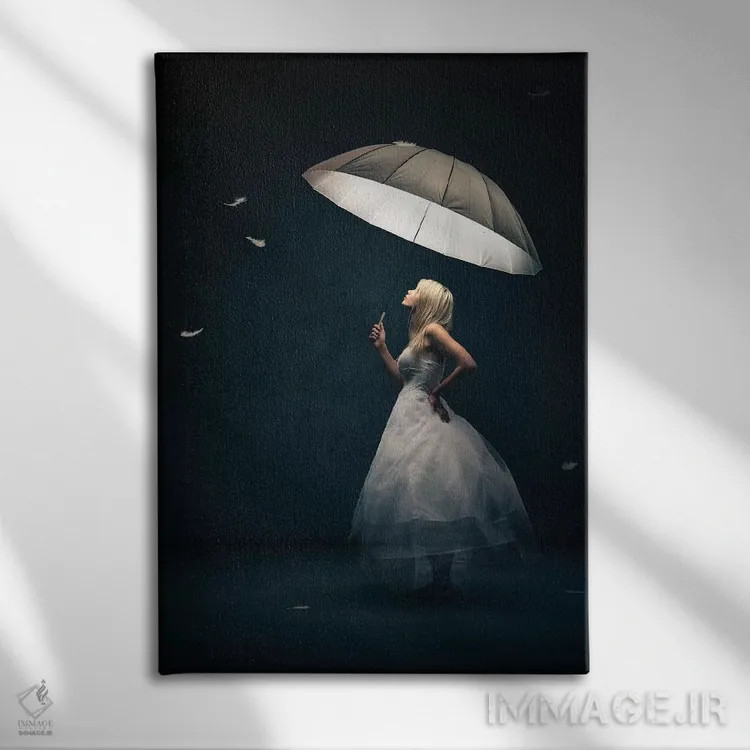 تابلو دکوراتیو دختر با چتر و پر اثر یوهان سوانپوئل - نمای روبهرو روی دیوار