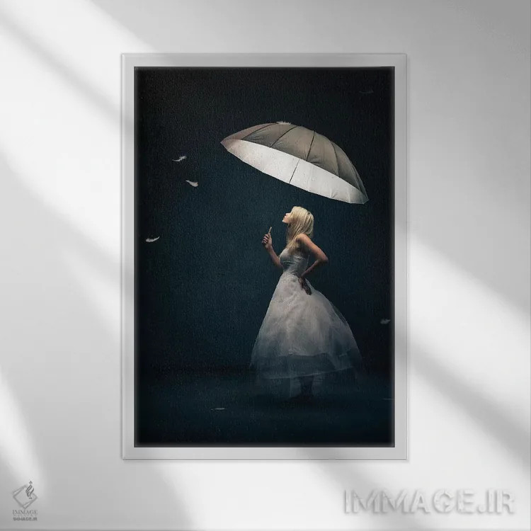 تابلو دکوراتیو دختر با چتر و پر اثر یوهان سوانپوئل - نمای قابدار سفید