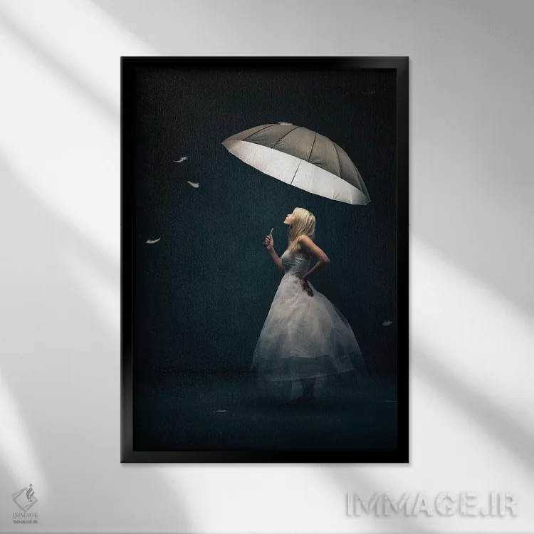 تابلو دکوراتیو دختر با چتر و پر اثر یوهان سوانپوئل - نمای قابدار مشکی