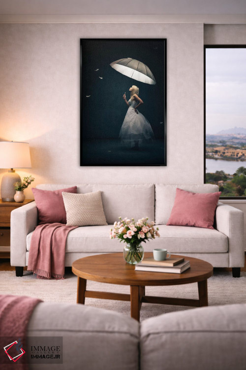 تابلو دکوراتیو دختر با چتر و پر اثر یوهان سوانپوئل - D5B