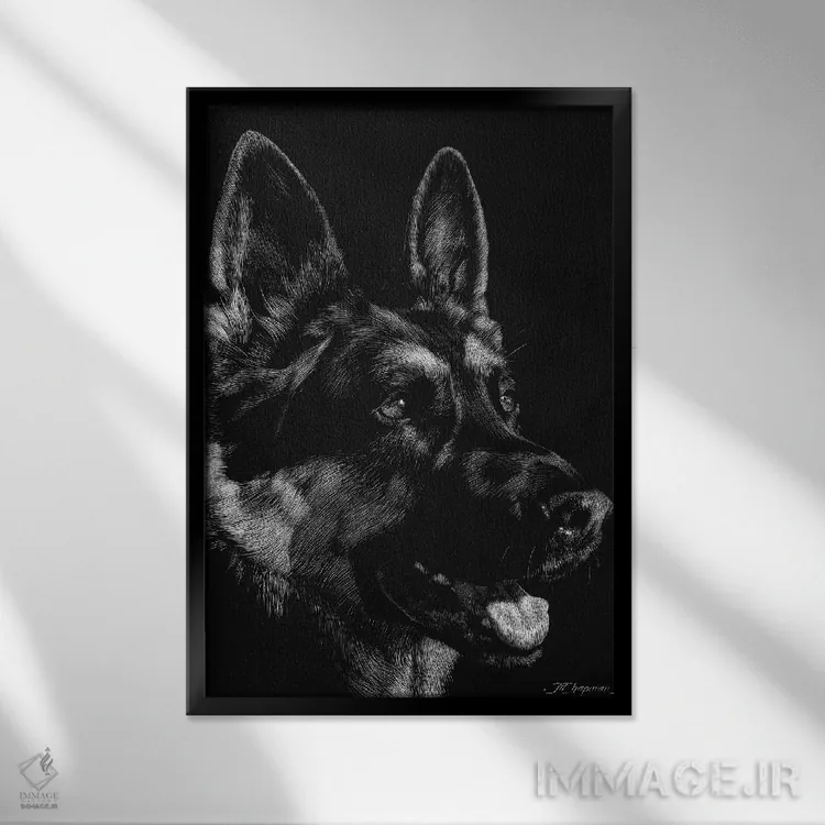 تابلو دکوراتیو حکاکی سگ ها شماره ۱ اثر جولی تی. چاپمن - نمای قابدار مشکی