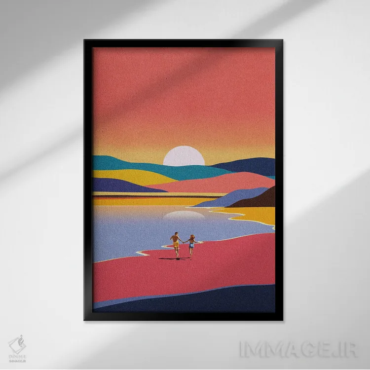 تابلو مدرن فرار در غروب آفتاب اثر استون کلاژز - نمای قابدار مشکی