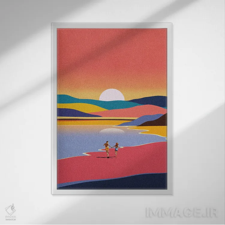 تابلو مدرن فرار در غروب آفتاب اثر استون کلاژز - نمای قابدار سفید