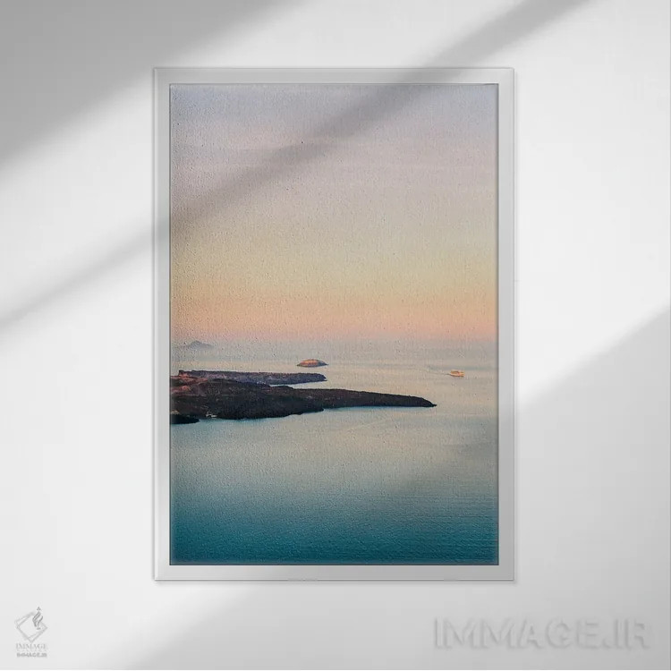 تابلو دکوراتیو غروب کالدرای سانتورینی اثر جاستین میلتون - نمای قابدار سفید
