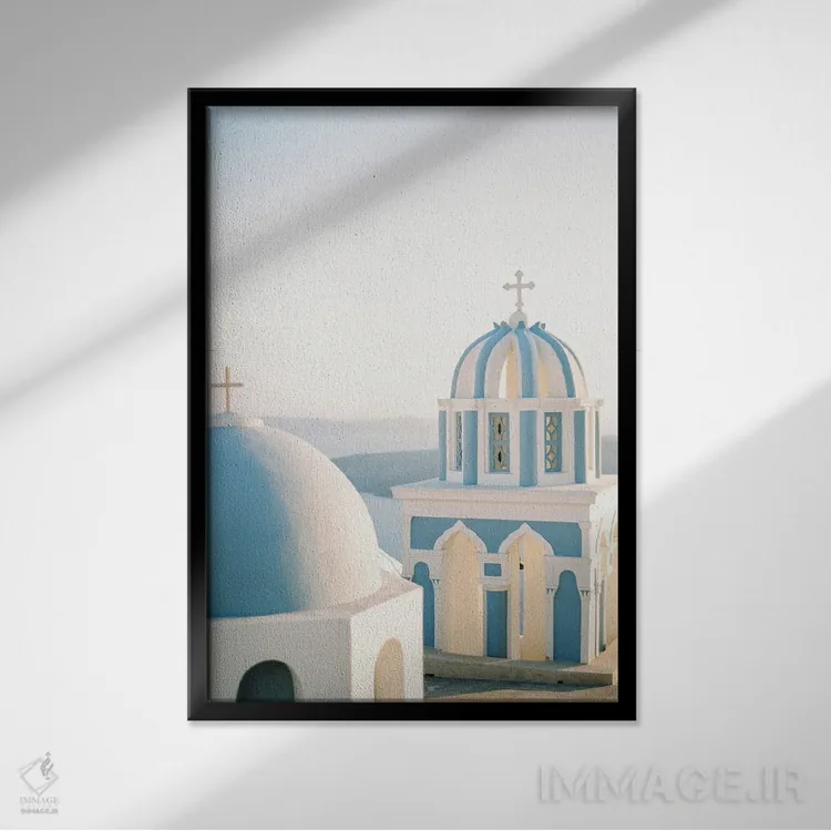 تابلو دکوراتیو کلیسای سانتورینی اثر جاستین میلتون - نمای قابدار مشکی