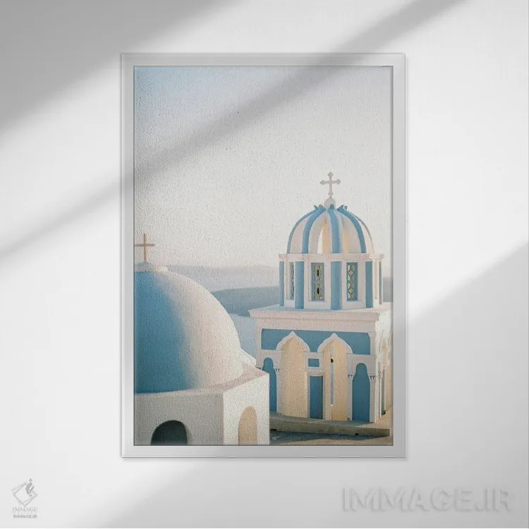 تابلو دکوراتیو کلیسای سانتورینی اثر جاستین میلتون - نمای قابدار سفید