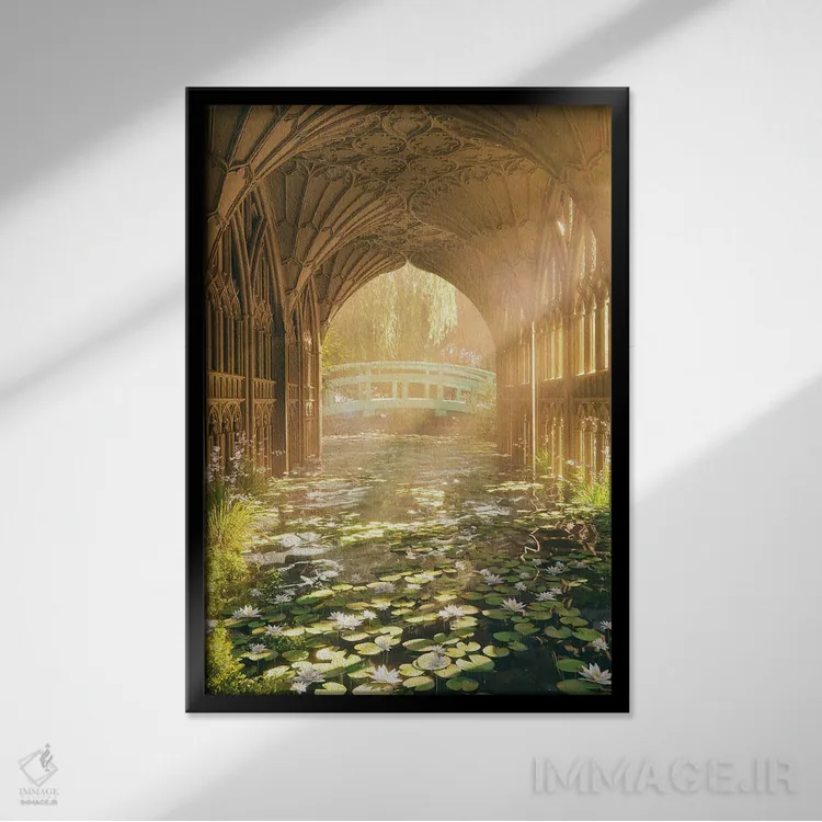 تابلو دکوراتیو کلیسای نیلوفر آبی اثر جیمز ترالی - نمای قابدار مشکی