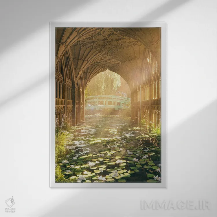 تابلو دکوراتیو کلیسای نیلوفر آبی اثر جیمز ترالی - نمای قابدار سفید