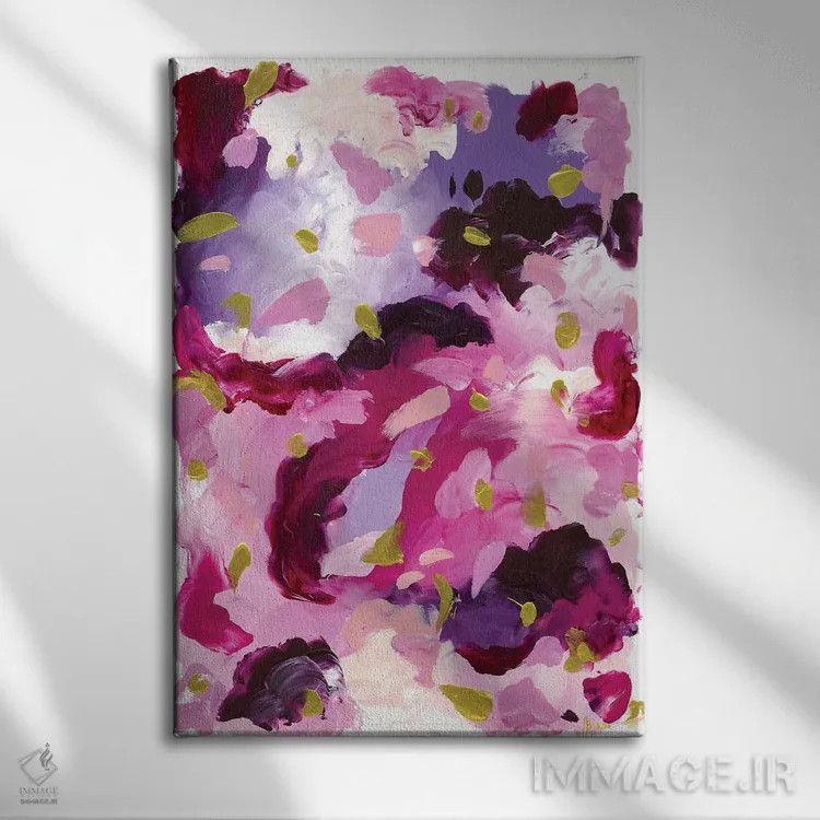 تابلو انتزاعی سپیده دم صورتی اثر جولیا بادو - نمای روبهرو روی دیوار