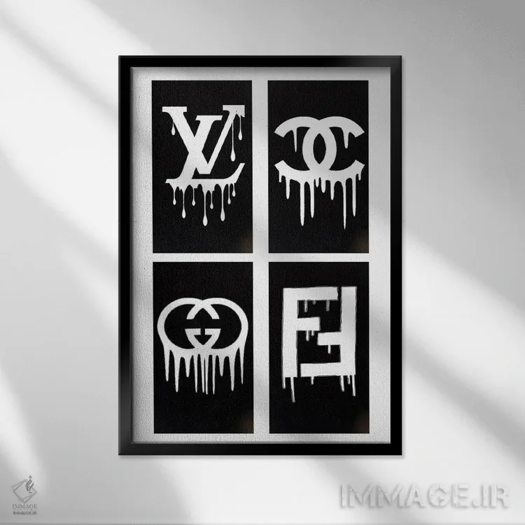 تابلو دکوراتیو لوگوهای چکیده شنل و دیگر طرح ها اثر جولی شریبر - نمای قابدار مشکی