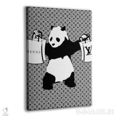 تابلو دکوراتیو پاندای مسلح با کیف خرید طرح گل قدیمی اثر جولی شریبر - نمای پرسپکتیو محصول