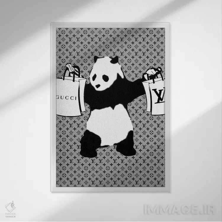 تابلو دکوراتیو پاندای مسلح با کیف خرید طرح گل قدیمی اثر جولی شریبر - نمای قابدار سفید
