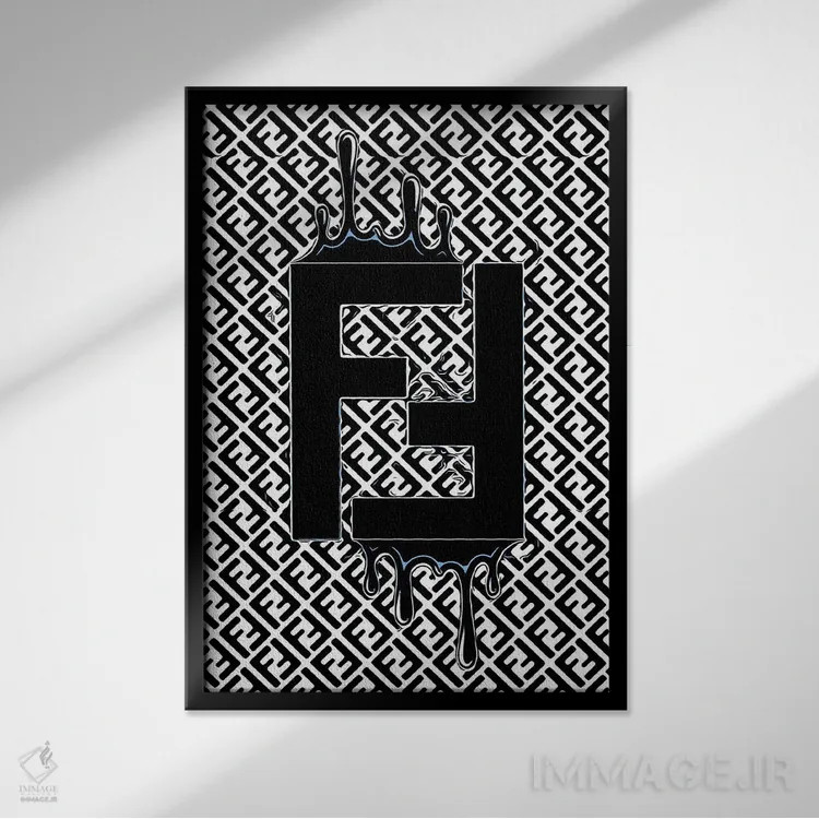 تابلو دکوراتیو لوگوی آبی فندی با قطره ها اثر جولی شریبر - نمای قابدار مشکی