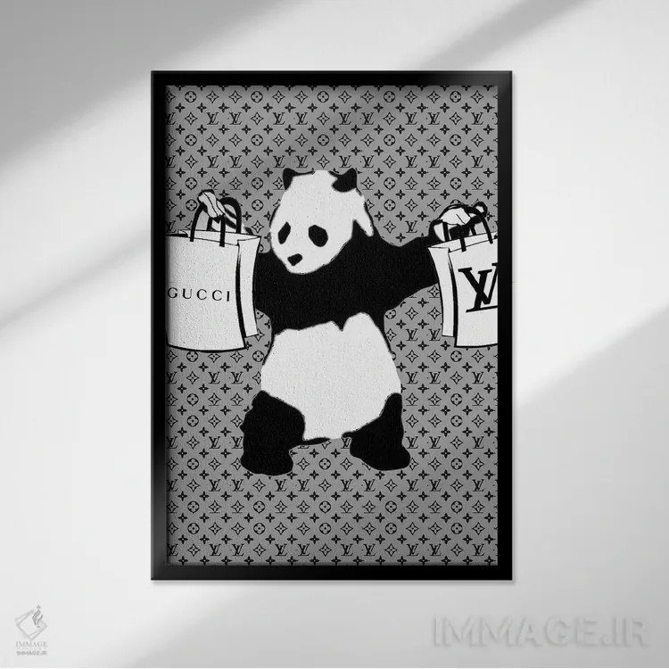 تابلو دکوراتیو پاندای مسلح با کیف خرید طرح گل قدیمی اثر جولی شریبر - نمای قابدار مشکی