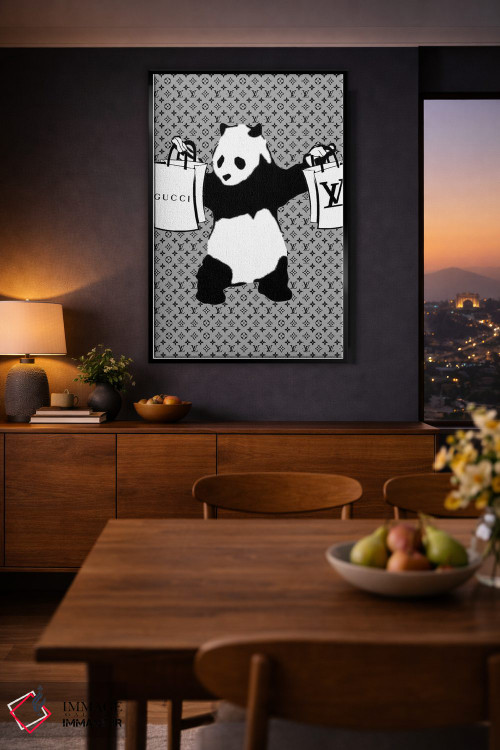 تابلو دکوراتیو پاندای مسلح با کیف خرید طرح گل قدیمی اثر جولی شریبر - D2B