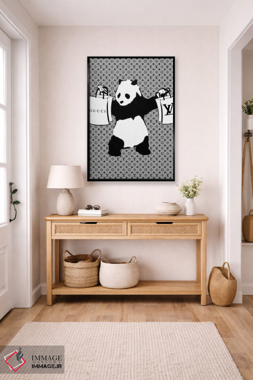 تابلو دکوراتیو پاندای مسلح با کیف خرید طرح گل قدیمی اثر جولی شریبر - D5B