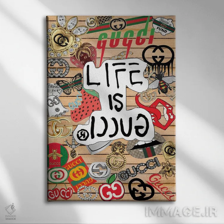 تابلو دکوراتیو برچسب های گوچی اثر جولی شریبر - نمای روبهرو روی دیوار