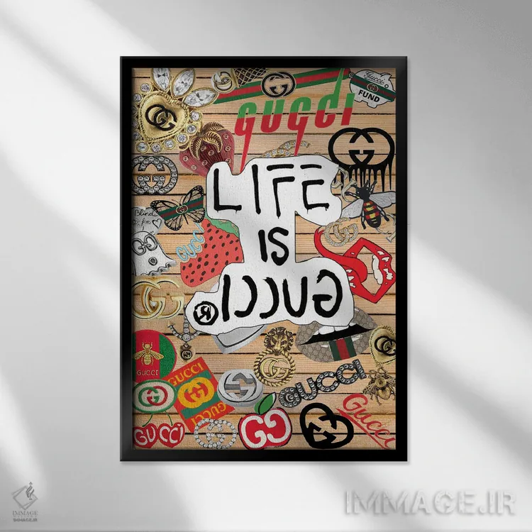 تابلو دکوراتیو برچسب های گوچی اثر جولی شریبر - نمای قابدار مشکی