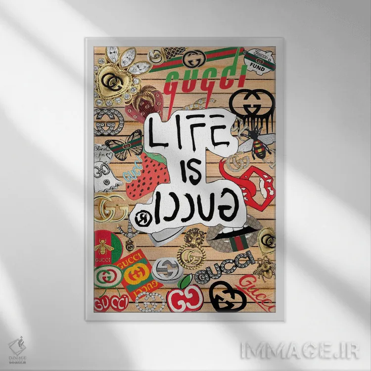 تابلو دکوراتیو برچسب های گوچی اثر جولی شریبر - نمای قابدار سفید