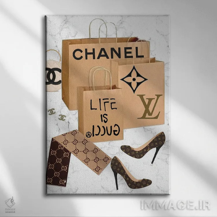 تابلو دکوراتیو Chanel, & Louis Vuitton,سفر خرید از گوچی، شنل و لوییز ویتون اثر جولی شریبر - نمای روبهرو روی دیوار