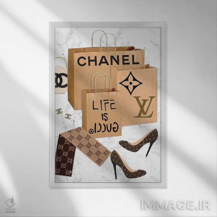 تابلو دکوراتیو Chanel, & Louis Vuitton,سفر خرید از گوچی، شنل و لوییز ویتون اثر جولی شریبر - نمای قابدار سفید