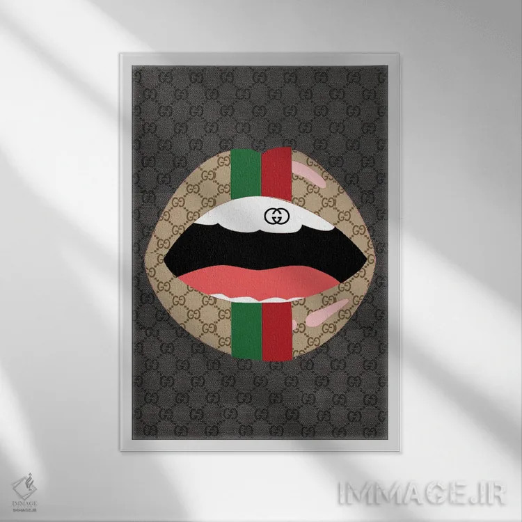 تابلو دکوراتیو لب های لوگوی مشکی گوچی اثر جولی شریبر - نمای قابدار سفید
