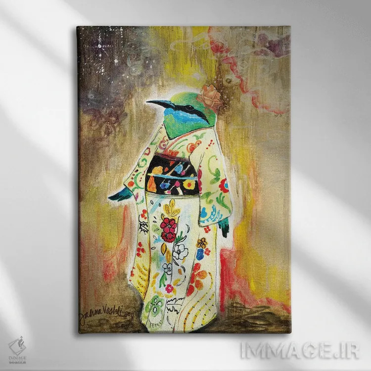 تابلو دکوراتیو پرنده ی کیمونوپوش اثر جانا واشتی - نمای روبهرو روی دیوار