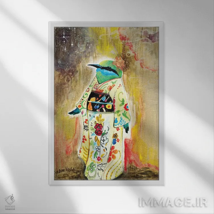 تابلو دکوراتیو پرنده ی کیمونوپوش اثر جانا واشتی - نمای قابدار سفید