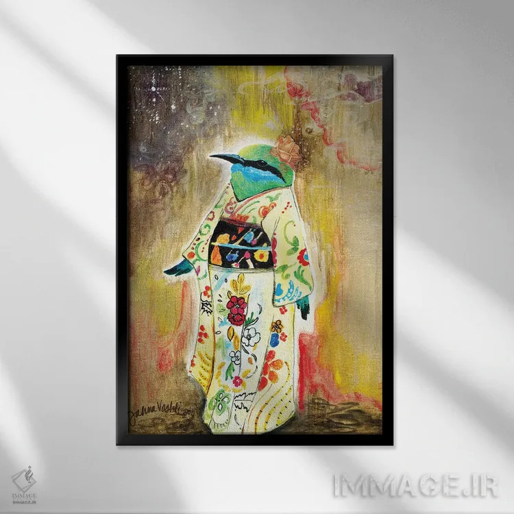 تابلو دکوراتیو پرنده ی کیمونوپوش اثر جانا واشتی - نمای قابدار مشکی
