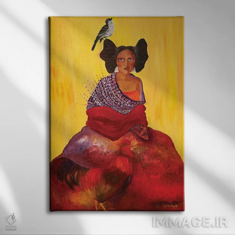 تابلو دکوراتیو The Mockingbird and The Maiden,خروس، مرغ مقلد و دوشیزه اثر جانا واشتی - نمای روبهرو روی دیوار