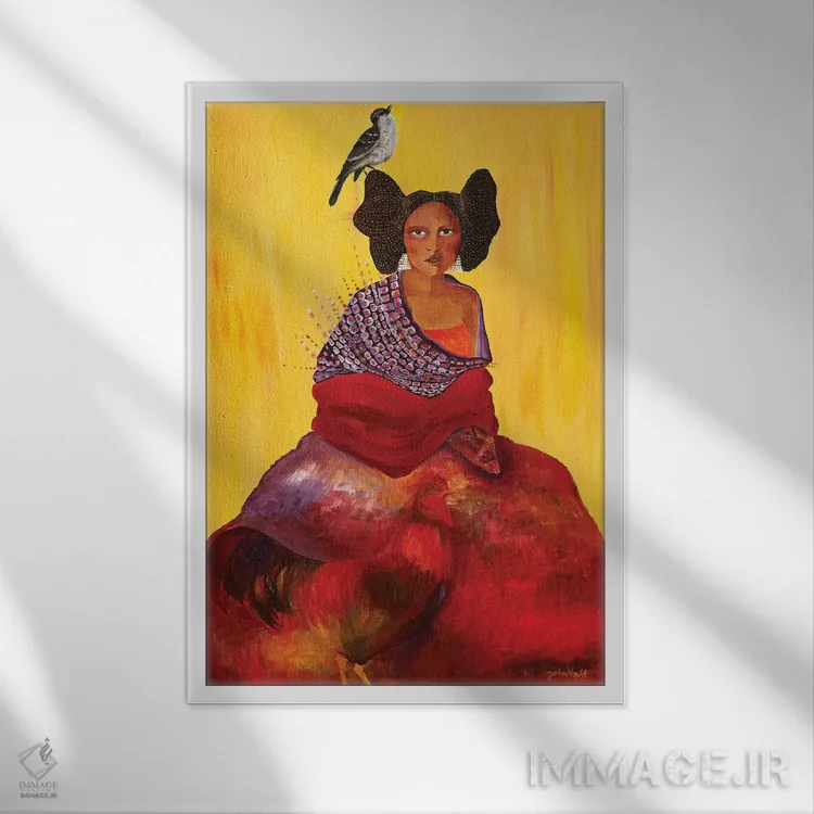 تابلو دکوراتیو The Mockingbird and The Maiden,خروس، مرغ مقلد و دوشیزه اثر جانا واشتی - نمای قابدار سفید