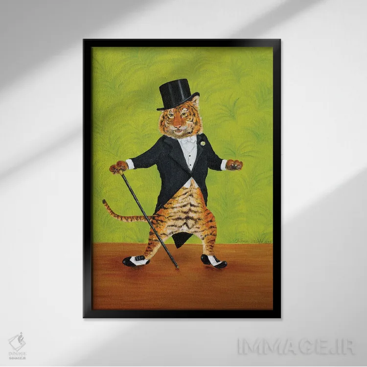 تابلو دکوراتیو ببر ضربه زن اثر جانا واشتی - نمای قابدار مشکی