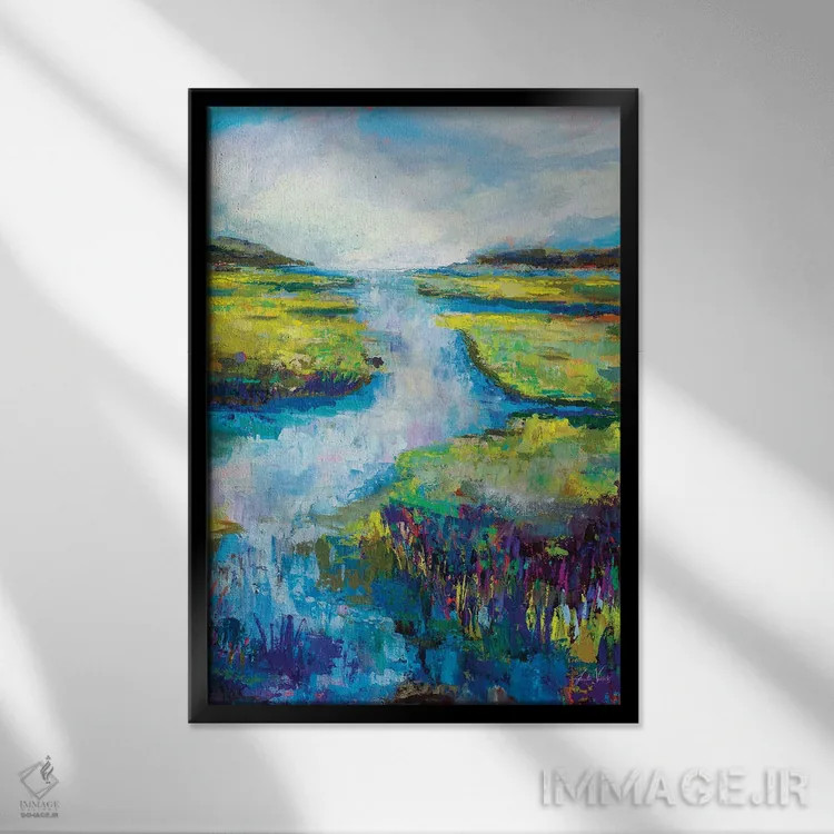 تابلو انتزاعی منظر جزیره انبار اثر ژانت ورتنتس - نمای قابدار مشکی