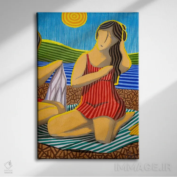 تابلو دکوراتیو دختری با لباس قرمز در ساحل اثر خاویر اورتاس - نمای روبهرو روی دیوار