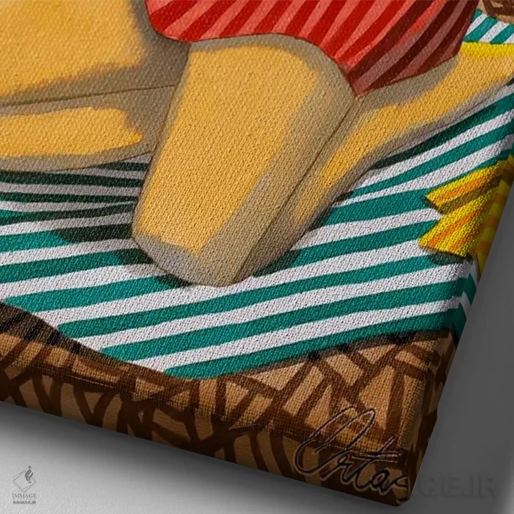 تابلو دکوراتیو دختری با لباس قرمز در ساحل اثر خاویر اورتاس - نمای نزدیک بافت بوم