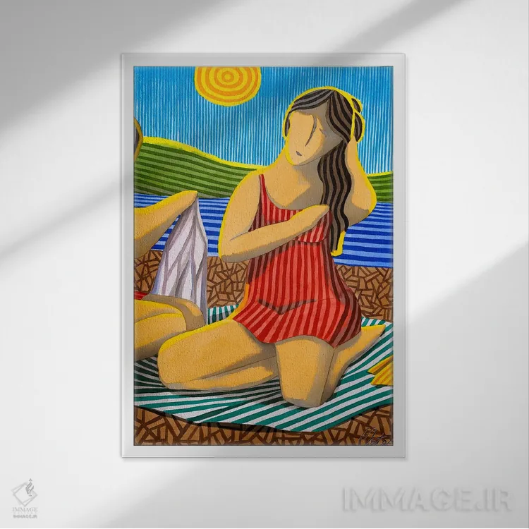 تابلو دکوراتیو دختری با لباس قرمز در ساحل اثر خاویر اورتاس - نمای قابدار سفید