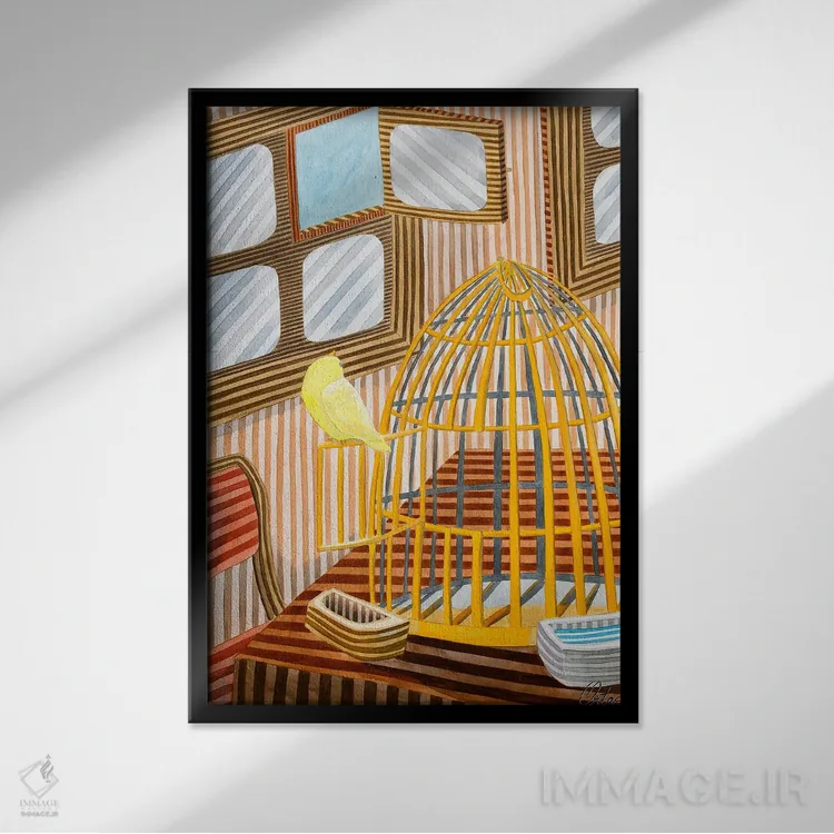 تابلو دکوراتیو قفس طلایی اثر خاویر اورتاس - نمای قابدار مشکی