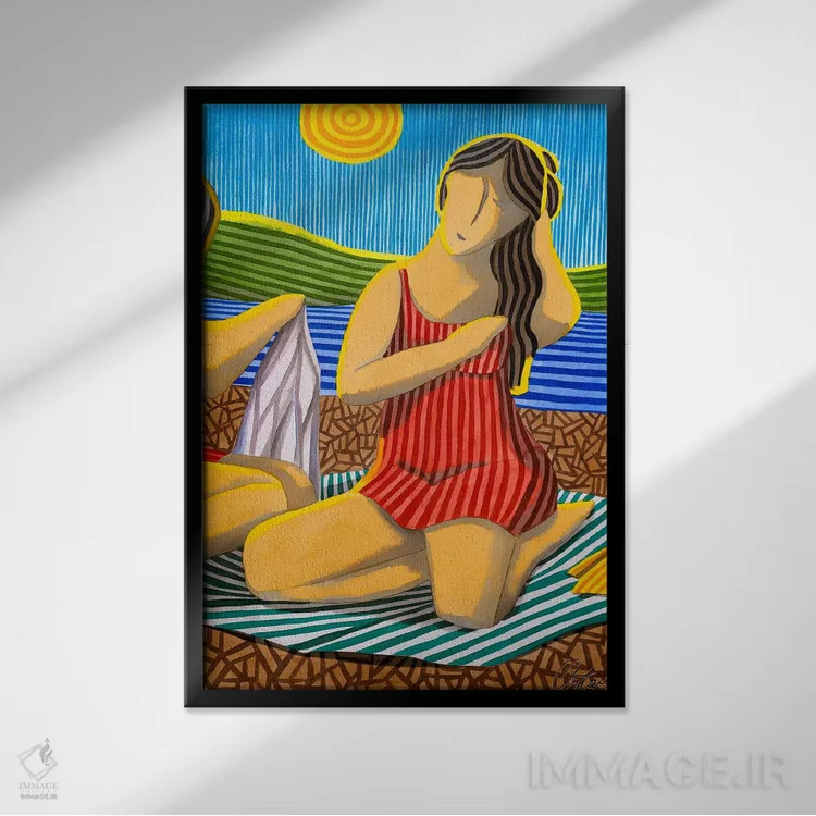 تابلو دکوراتیو دختری با لباس قرمز در ساحل اثر خاویر اورتاس - نمای قابدار مشکی