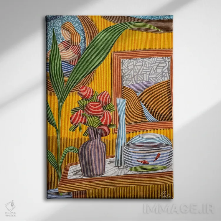 تابلو دکوراتیو طبیعت بی جان با ماهی و گل های قرمز اثر خاویر اورتاس - نمای روبهرو روی دیوار