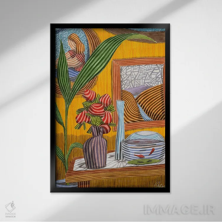 تابلو دکوراتیو طبیعت بی جان با ماهی و گل های قرمز اثر خاویر اورتاس - نمای قابدار مشکی