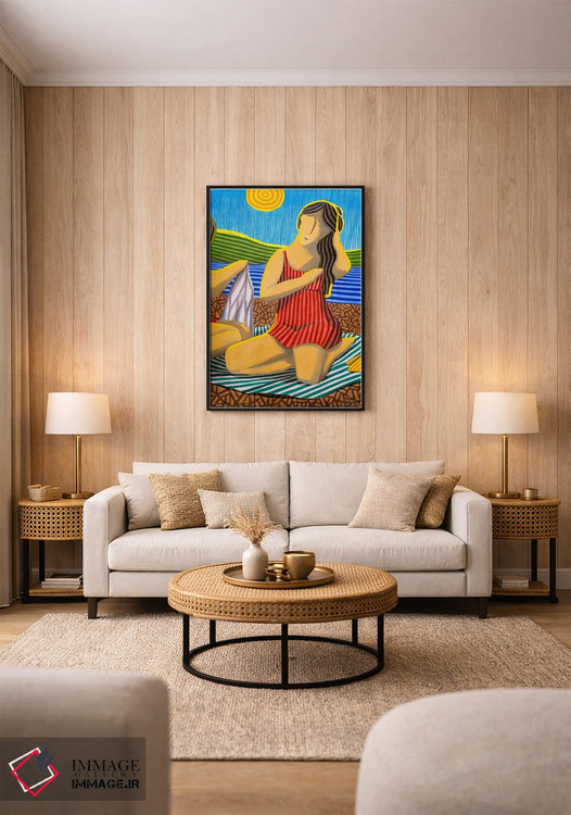 تابلو دکوراتیو دختری با لباس قرمز در ساحل اثر خاویر اورتاس - D1B