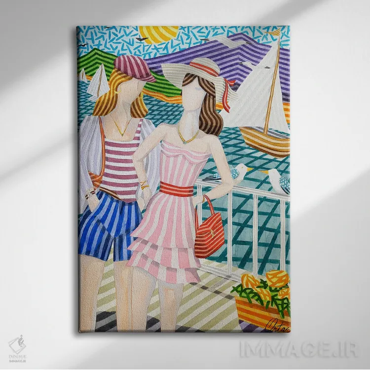 تابلو دکوراتیو دختران و قایق های بادبانی اثر خاویر اورتاس - نمای روبهرو روی دیوار