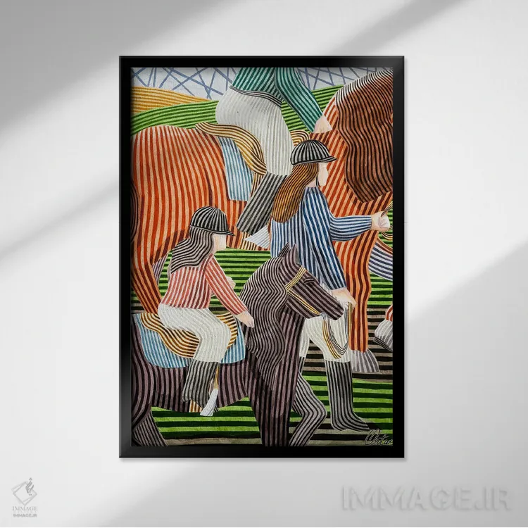 تابلو دکوراتیو صحنه سوارکاری با یک پونی اثر خاویر اورتاس - نمای قابدار مشکی