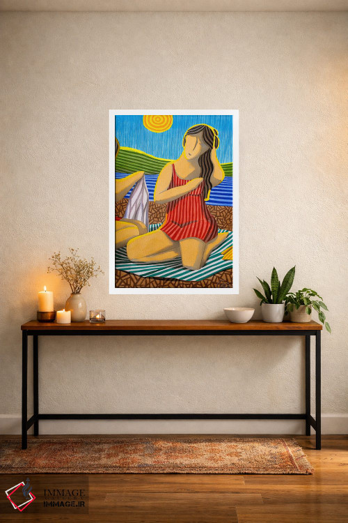 تابلو دکوراتیو دختری با لباس قرمز در ساحل اثر خاویر اورتاس - D3W