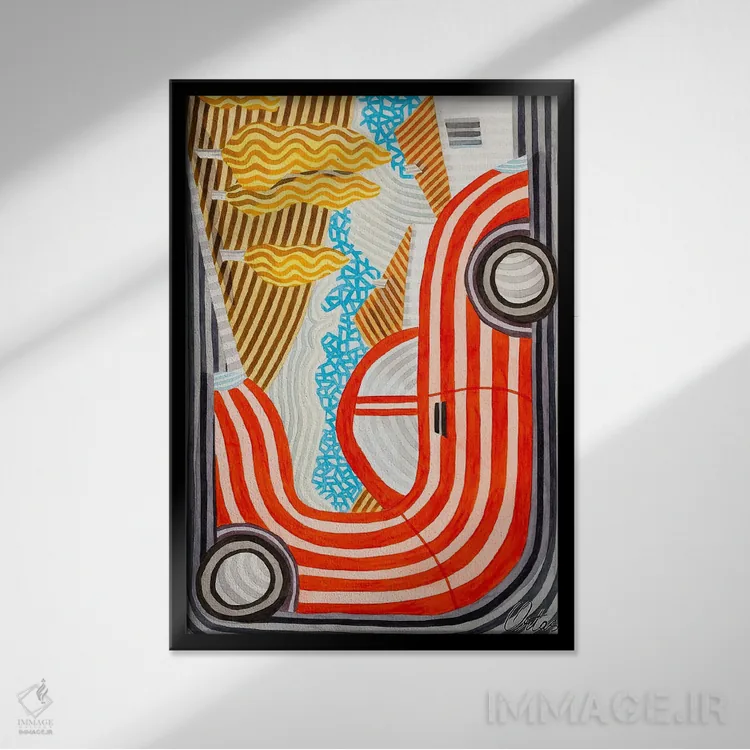 تابلو انتزاعی ماشین قرمز اثر خاویر اورتاس - نمای قابدار مشکی