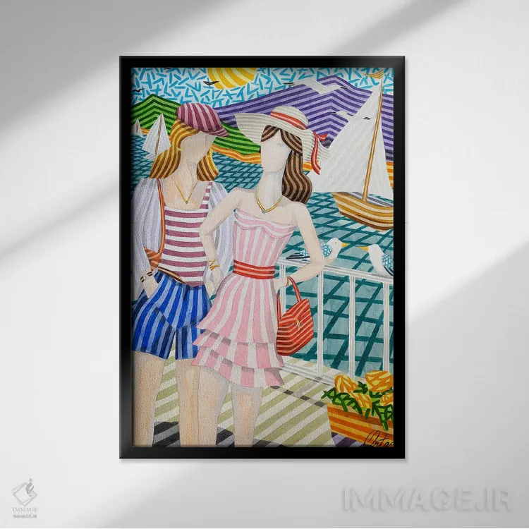 تابلو دکوراتیو دختران و قایق های بادبانی اثر خاویر اورتاس - نمای قابدار مشکی