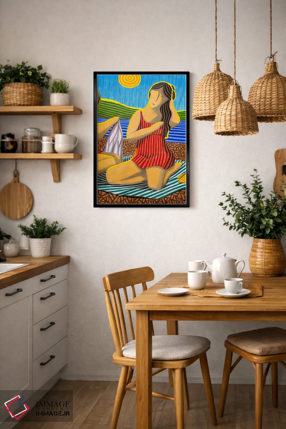 تابلو دکوراتیو دختری با لباس قرمز در ساحل اثر خاویر اورتاس - D5B