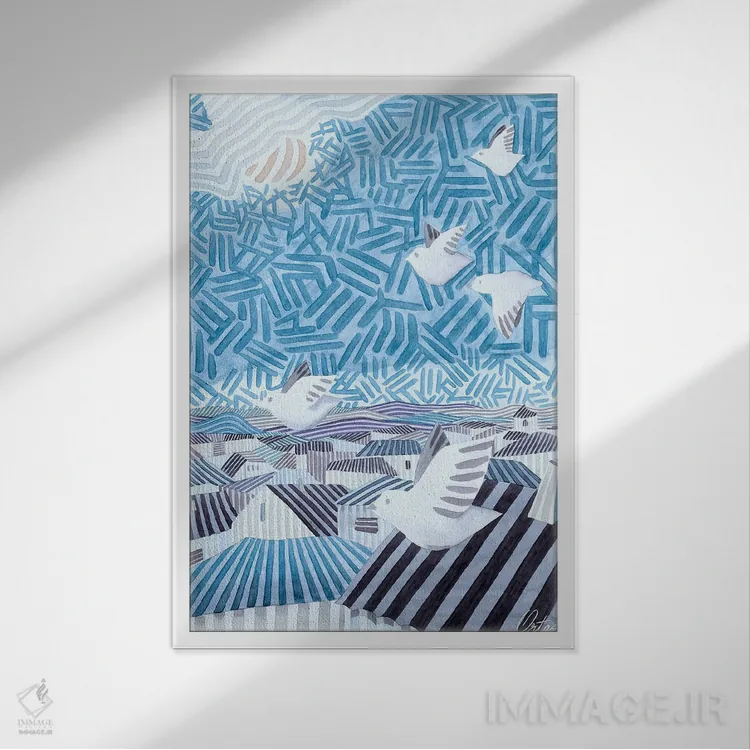 تابلو دکوراتیو پرندگان در حال پرواز اثر خاویر اورتاس - نمای قابدار سفید