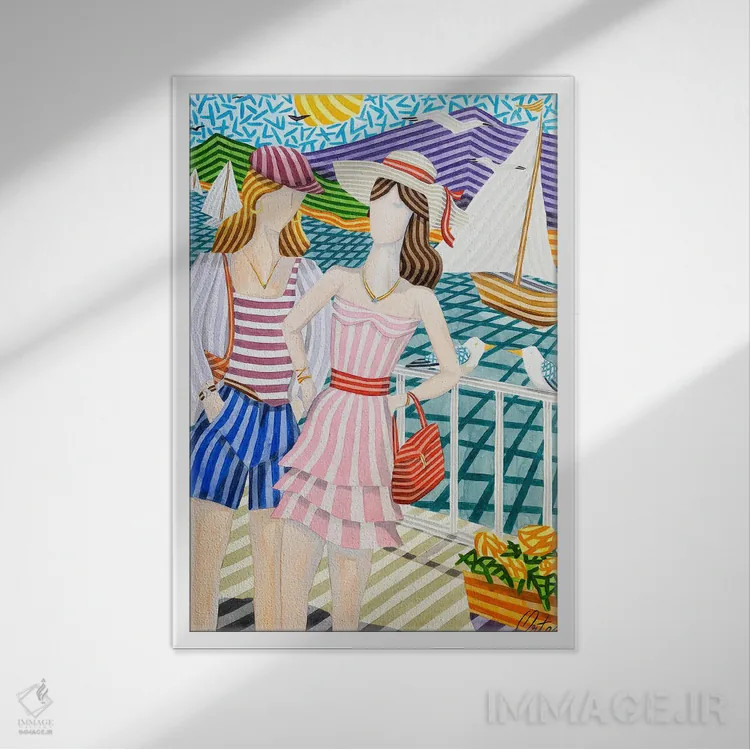 تابلو دکوراتیو دختران و قایق های بادبانی اثر خاویر اورتاس - نمای قابدار سفید