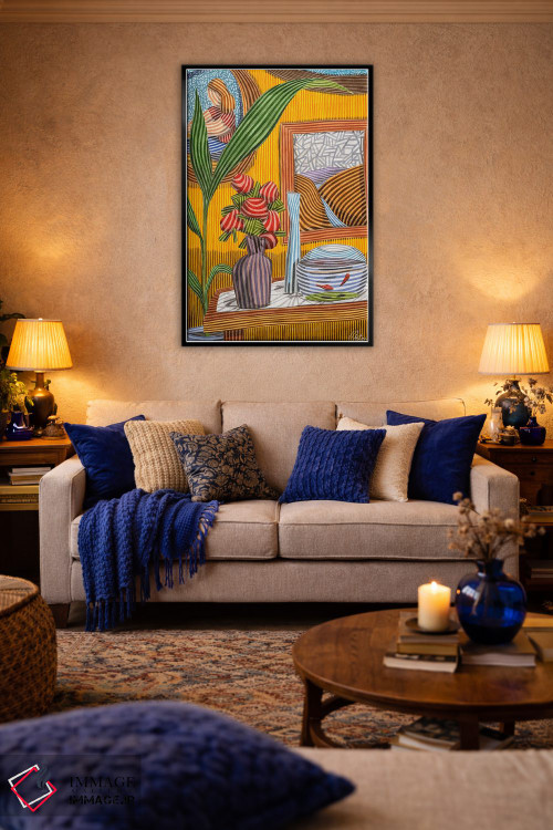 تابلو دکوراتیو طبیعت بی جان با ماهی و گل های قرمز اثر خاویر اورتاس - D5B